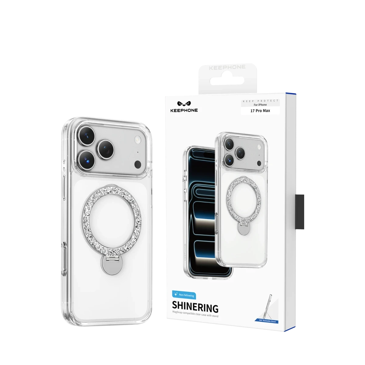 Keephone Apple iPhone 17 Pro Crystal Taşlı 360 Magsafe Standlı Kapak - Şeffaf