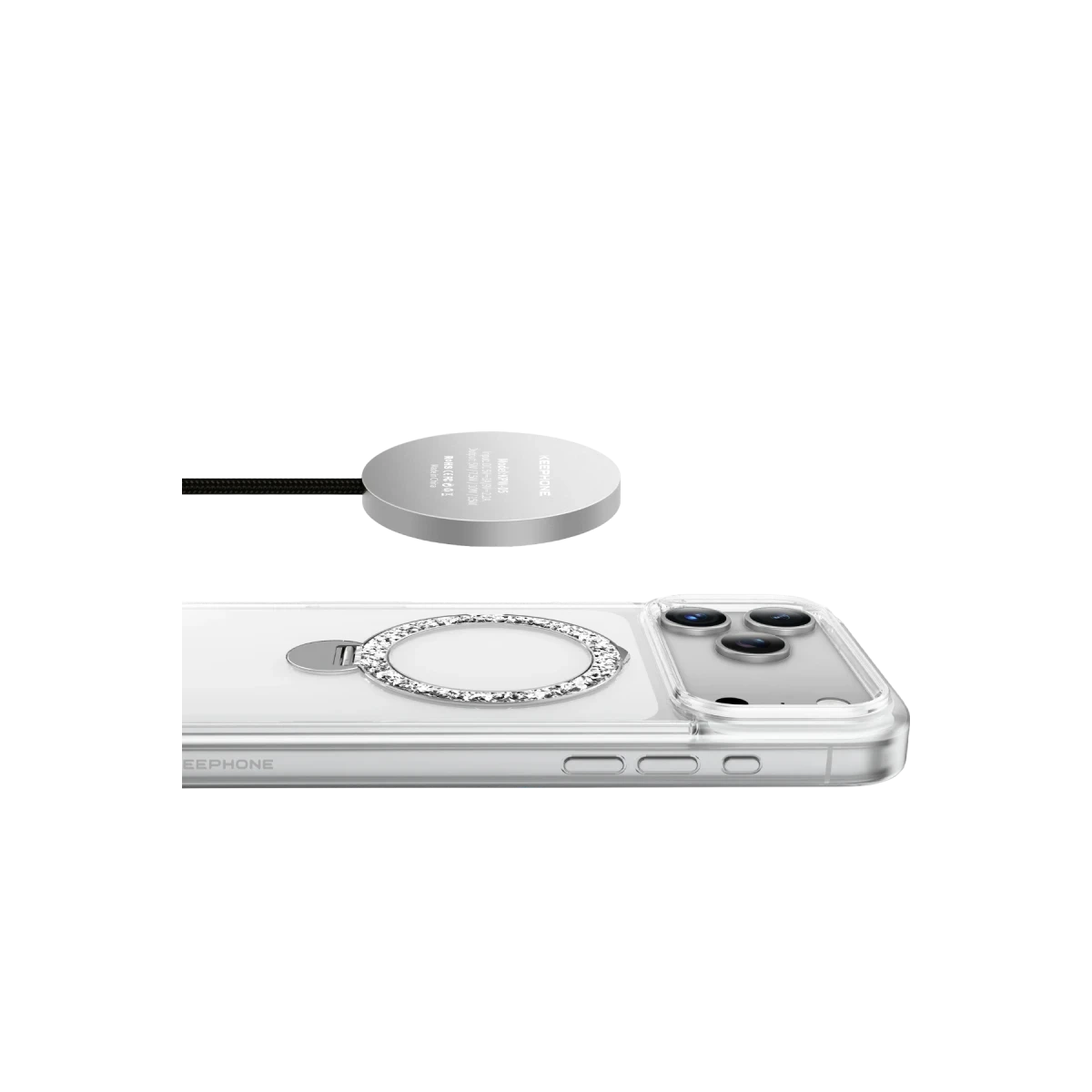 Keephone Apple iPhone 17 Pro Crystal Taşlı 360 Magsafe Standlı Kapak - Şeffaf