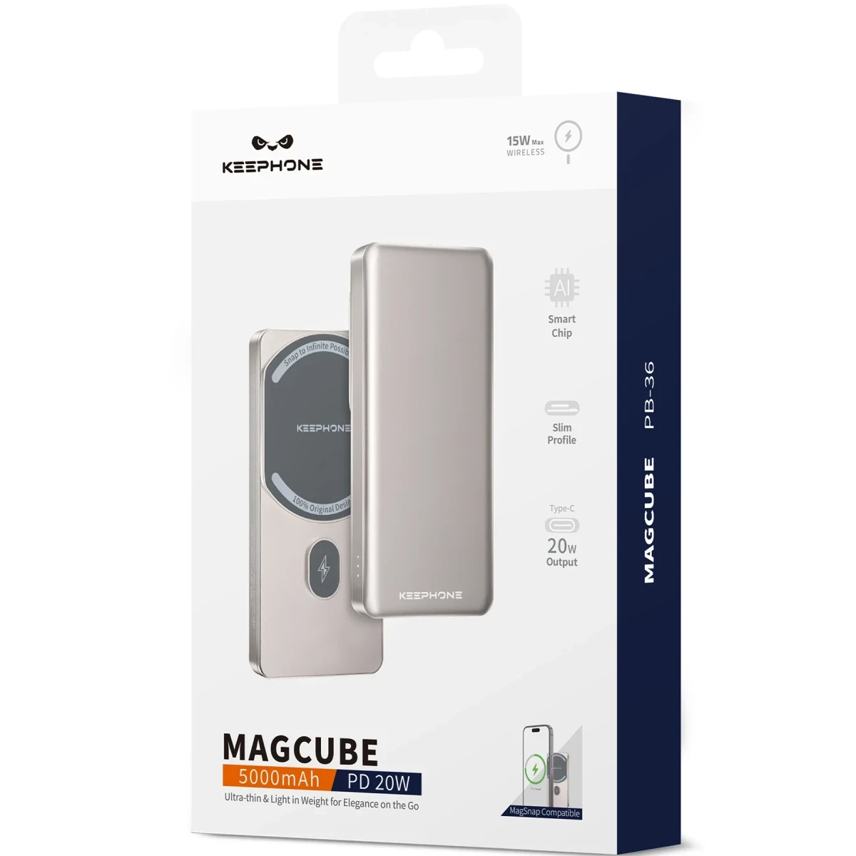 Keephone PB36 MagCube 5.000 mAh Type-C 20W PD Magsafe Destekli Powerbank - Turuncu