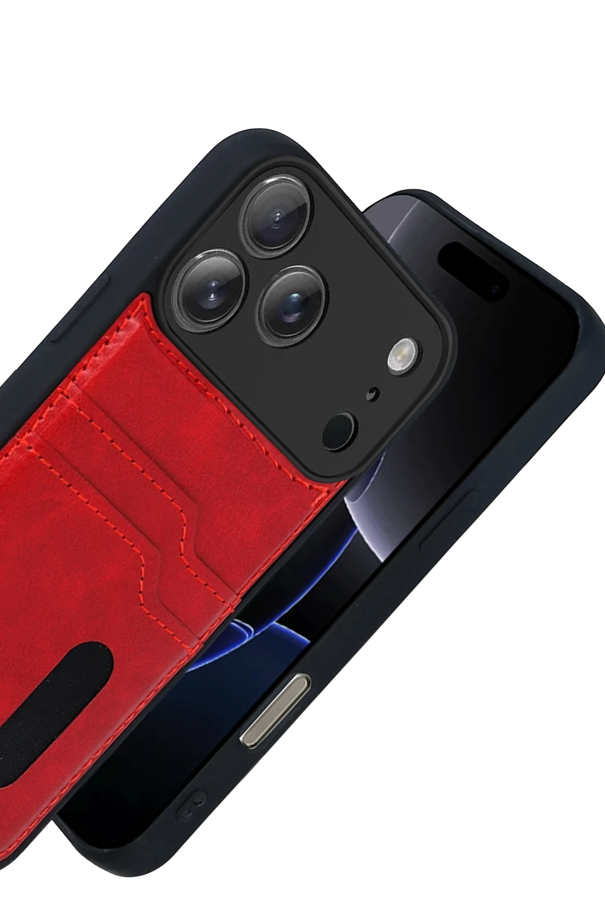 Newface Apple iPhone 17 Pro Sara Kartvizitli Deri Kılıf - Kırmızı