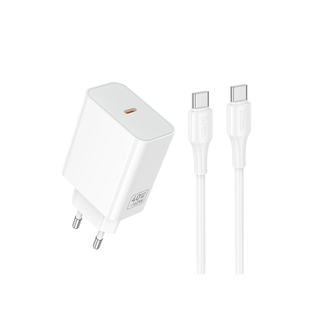 Hoco. C162A 40W Type-C Çıkışlı Type-C to Type-C Kablolu PD Hızlı Şarj Aleti - Beyaz