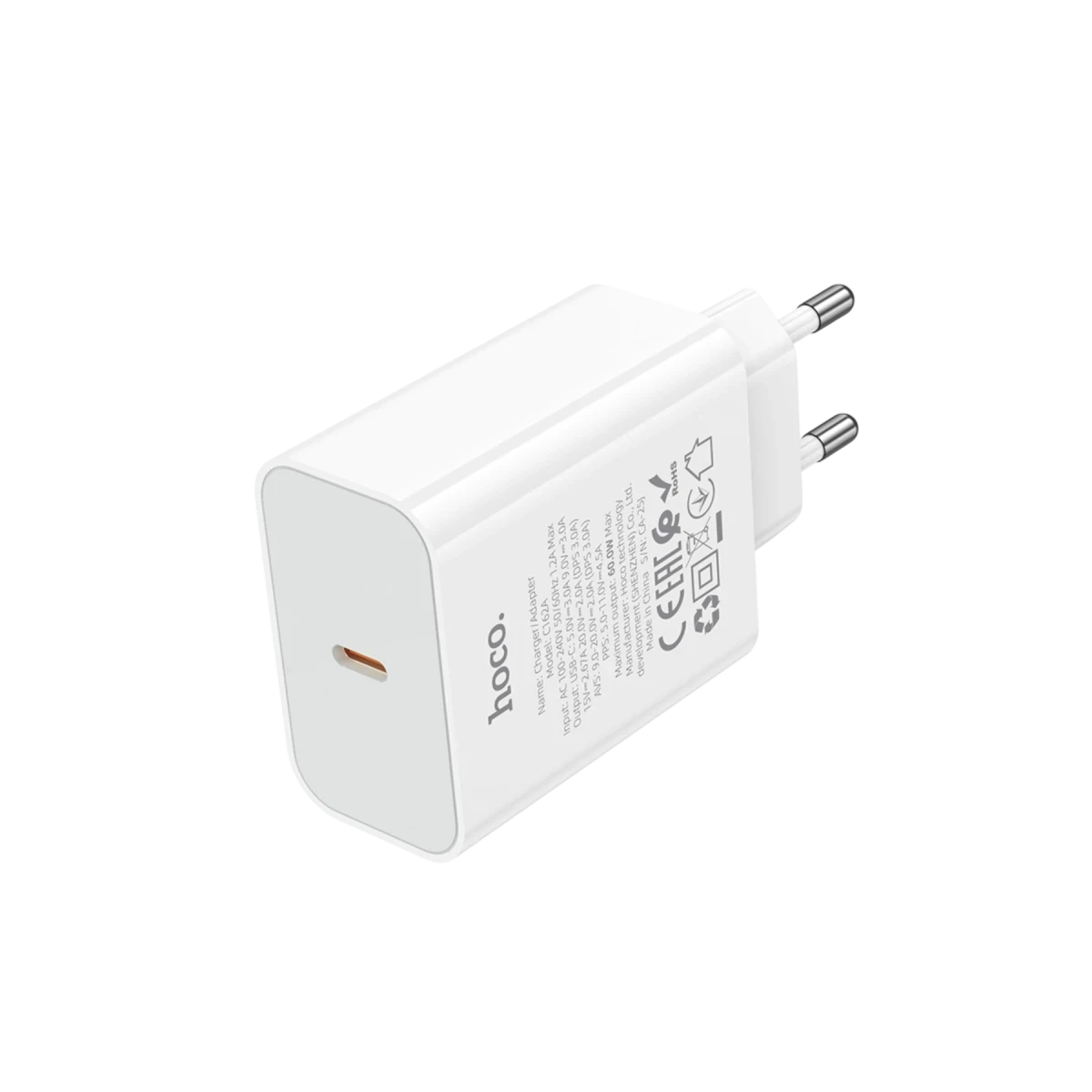 Hoco. C162A 40W PD Destekli Type-C Tek Port EU Şarj Adaptörü - Beyaz