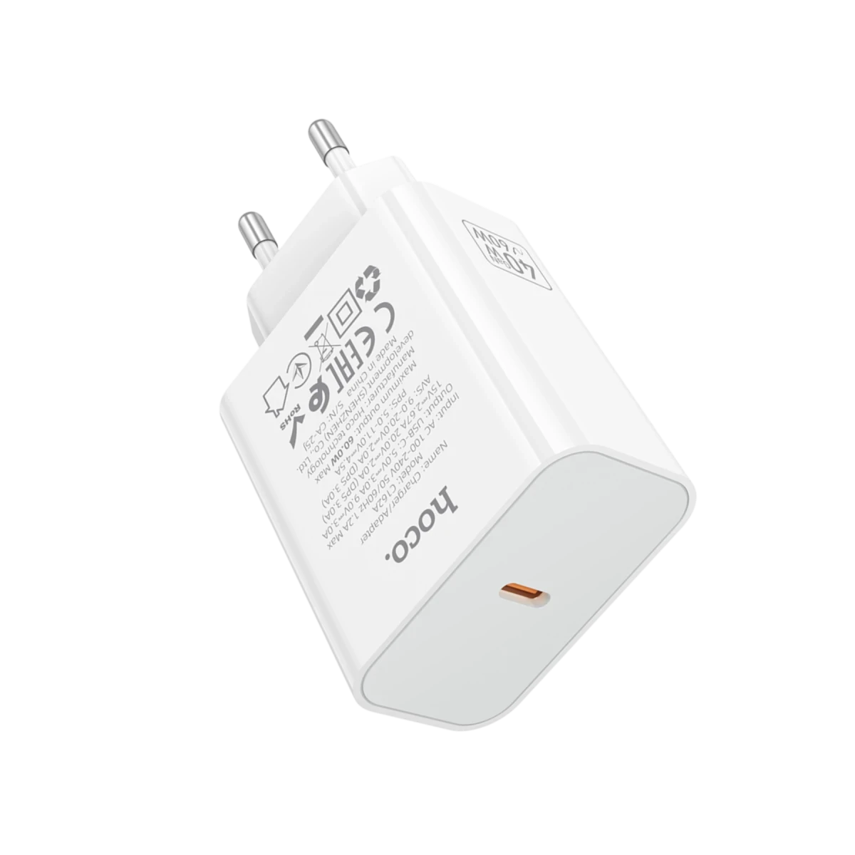 Hoco. C162A 40W PD Destekli Type-C Tek Port EU Şarj Adaptörü - Beyaz