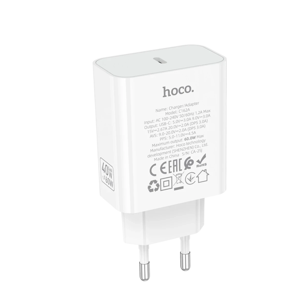 Hoco. C162A 40W PD Destekli Type-C Tek Port EU Şarj Adaptörü - Beyaz