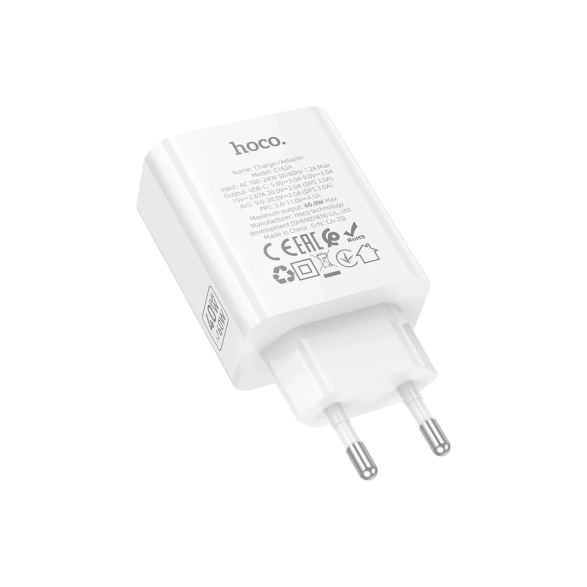 Hoco. C162A 40W PD Destekli Type-C Tek Port EU Şarj Adaptörü - Beyaz