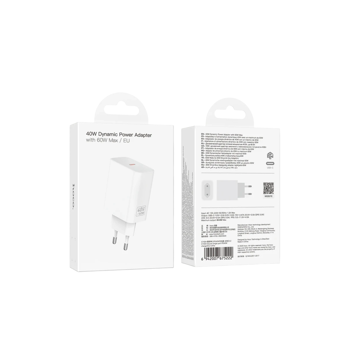 Hoco. C162A 40W PD Destekli Type-C Tek Port EU Şarj Adaptörü - Beyaz
