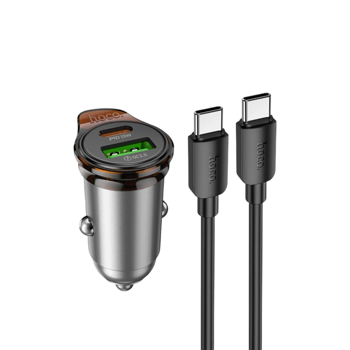 Hoco. NZ16A Rigorous 43W Type-C ve USB-A Çıkışlı Ekstra Type-C to Type-C Kablolu PD Hızlı Şarj Araç Cihazı - Gri