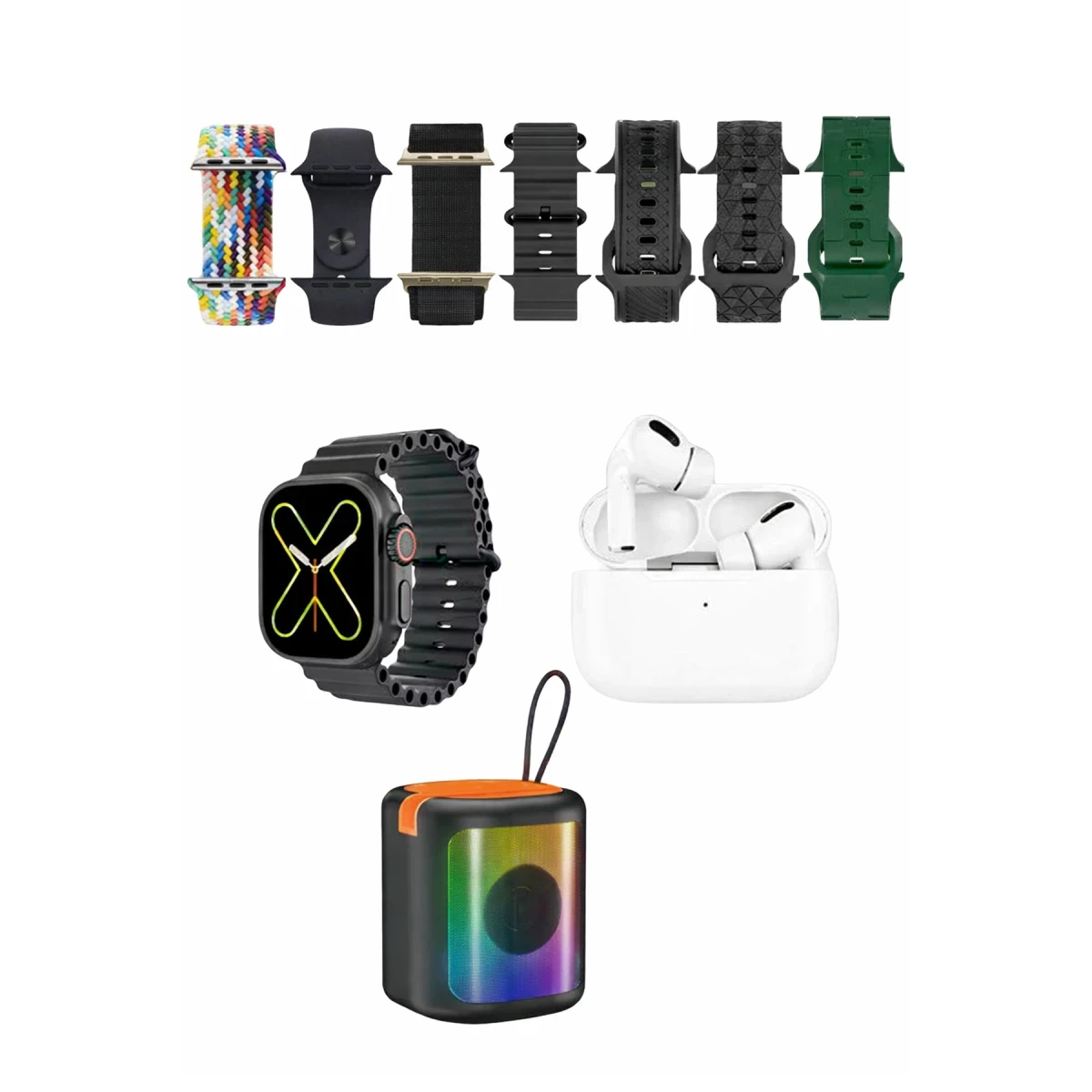 Karler Bass K28 Kombo 7 Adet Kordon Akıllı Saat Airpods Kulaklık Kablosuz Hoparlör Set - Siyah — görsel 3