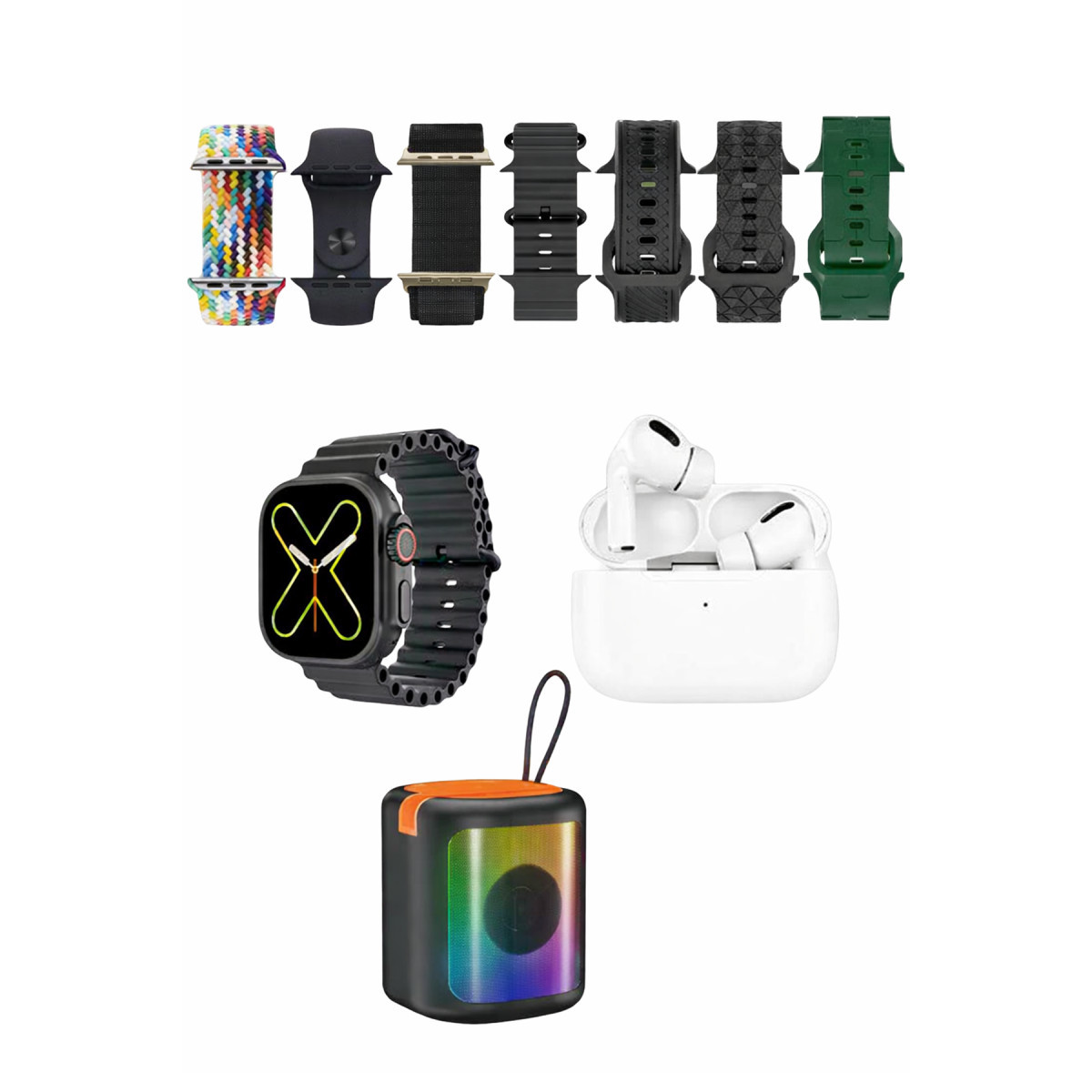 Karler Bass K28 Kombo 7 Adet Kordon Akıllı Saat Airpods Kulaklık Kablosuz Hoparlör Set - Siyah — görsel 5