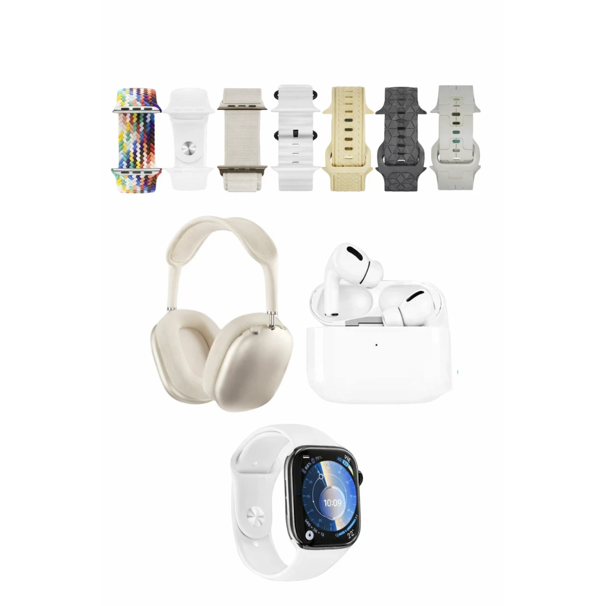 Karler Bass K32 Kombo 7 Adet Kordon Akıllı Saat Airpods Kulaklık Kafa Üstü Kablosuz Kulaklık Set - Beyaz