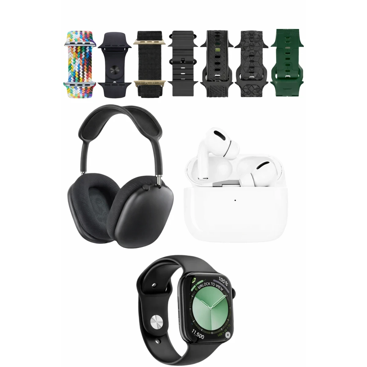 Karler Bass K32 Kombo 7 Adet Kordon Akıllı Saat Airpods Kulaklık Kafa Üstü Kablosuz Kulaklık Set - Siyah — görsel 3