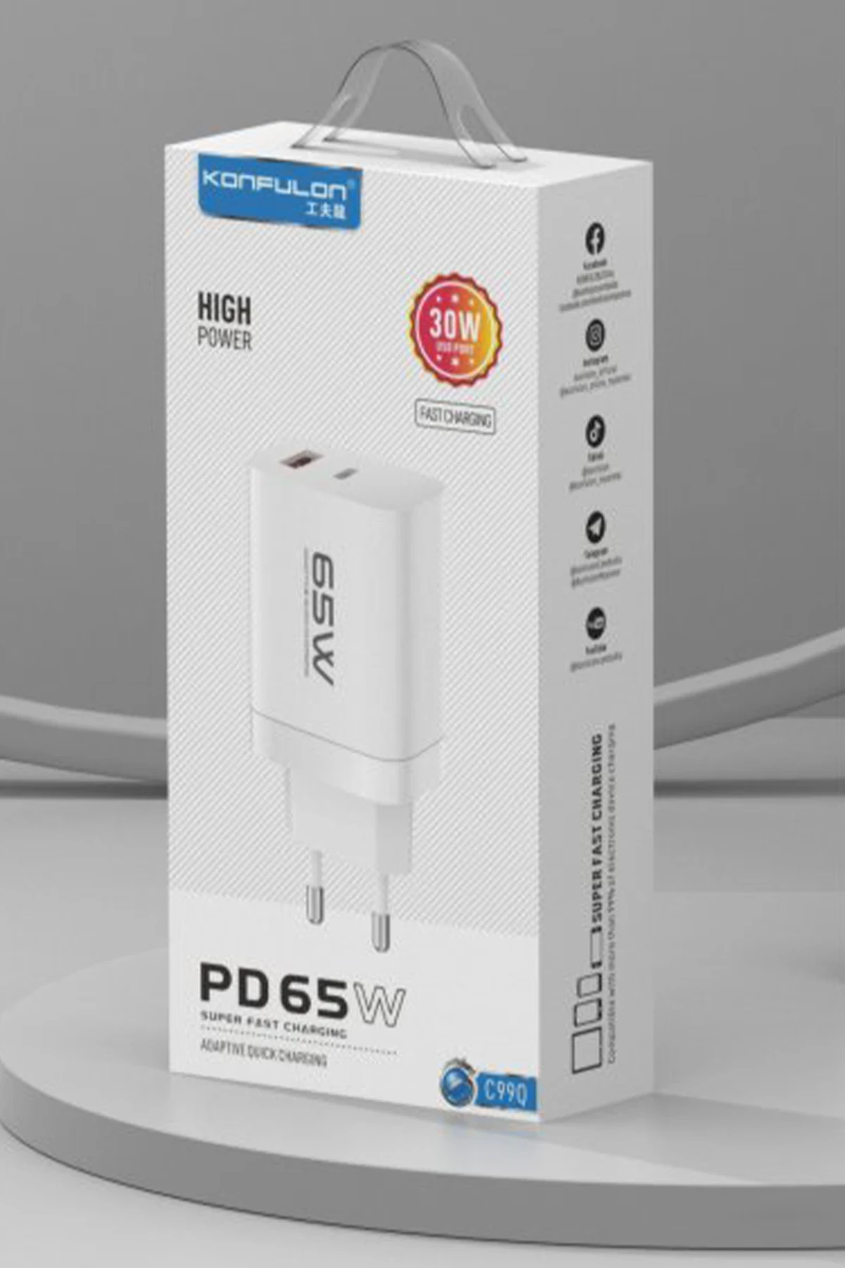 Konfulon C99Q 65W PD Destekli Type-C ve USB Çift Çıkışlı Hızlı Şarj Adaptörü - Beyaz — görsel 4