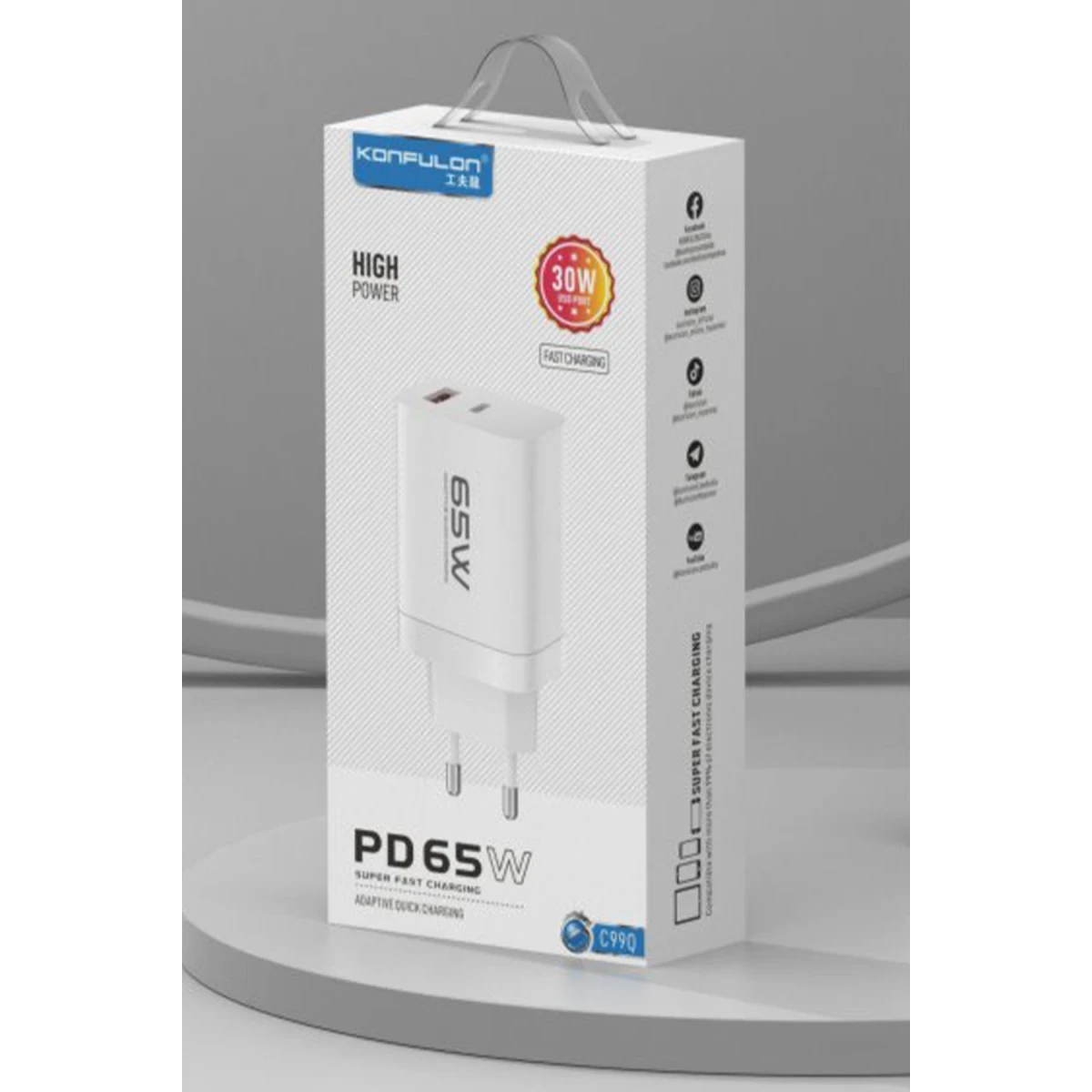 Konfulon C99Q 65W PD Destekli Type-C ve USB Çift Çıkışlı Hızlı Şarj Adaptörü - Beyaz — görsel 8