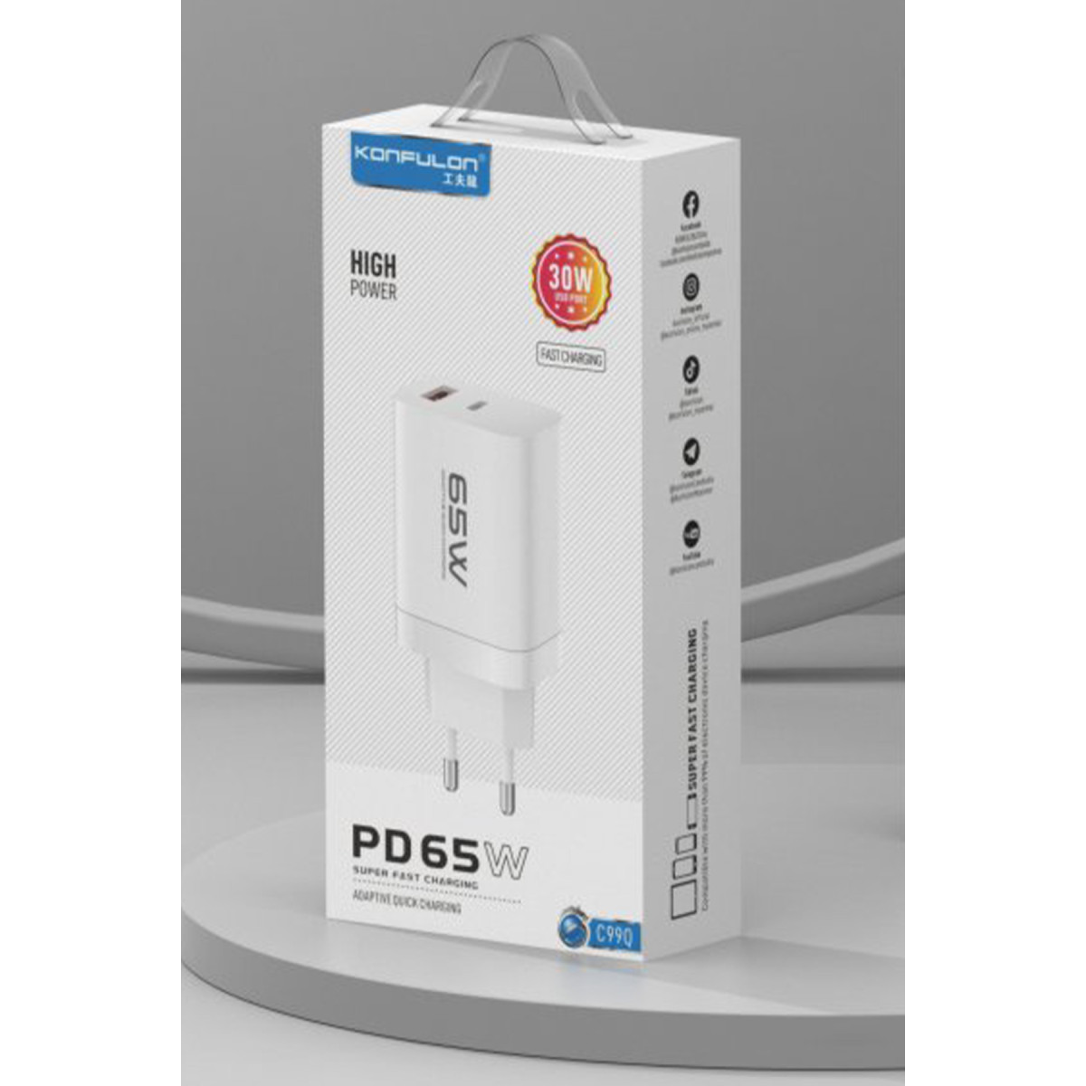 Konfulon C99Q 65W PD Destekli Type-C ve USB Çift Çıkışlı Hızlı Şarj Adaptörü - Beyaz — görsel 12