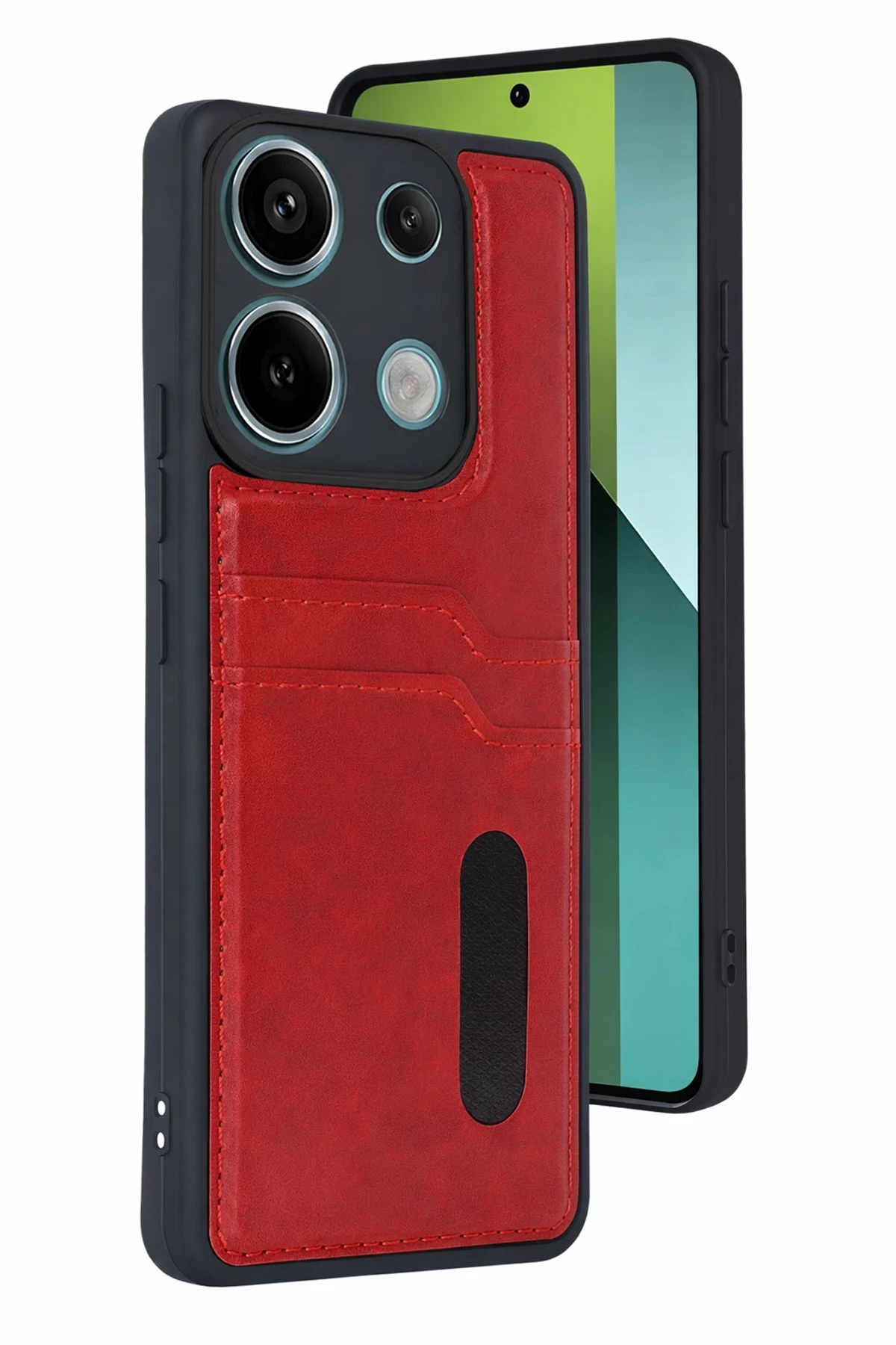 Newface Xiaomi Redmi 15C 4G Sara Kartvizitli Deri Kılıf - Kırmızı