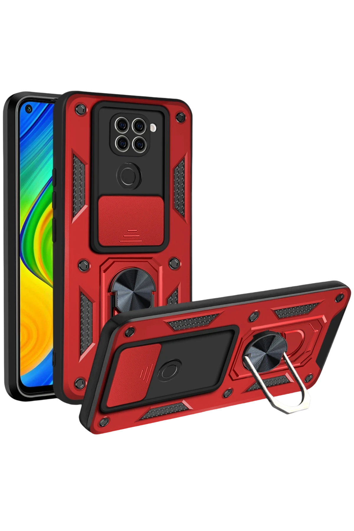 Newface Xiaomi Redmi Note 9 4G Kılıf Pars Lens Yüzüklü Silikon - Kırmızı
