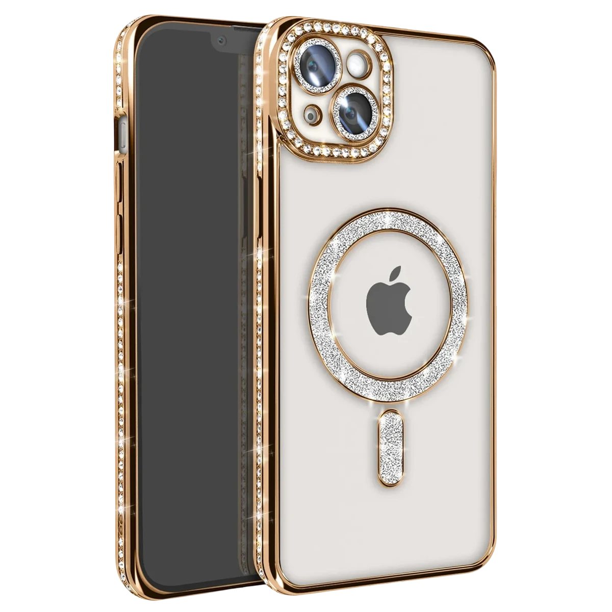 Newface Apple iPhone 14 Kılıf Joke Simli Magneticsafe Kılıf - Gold
