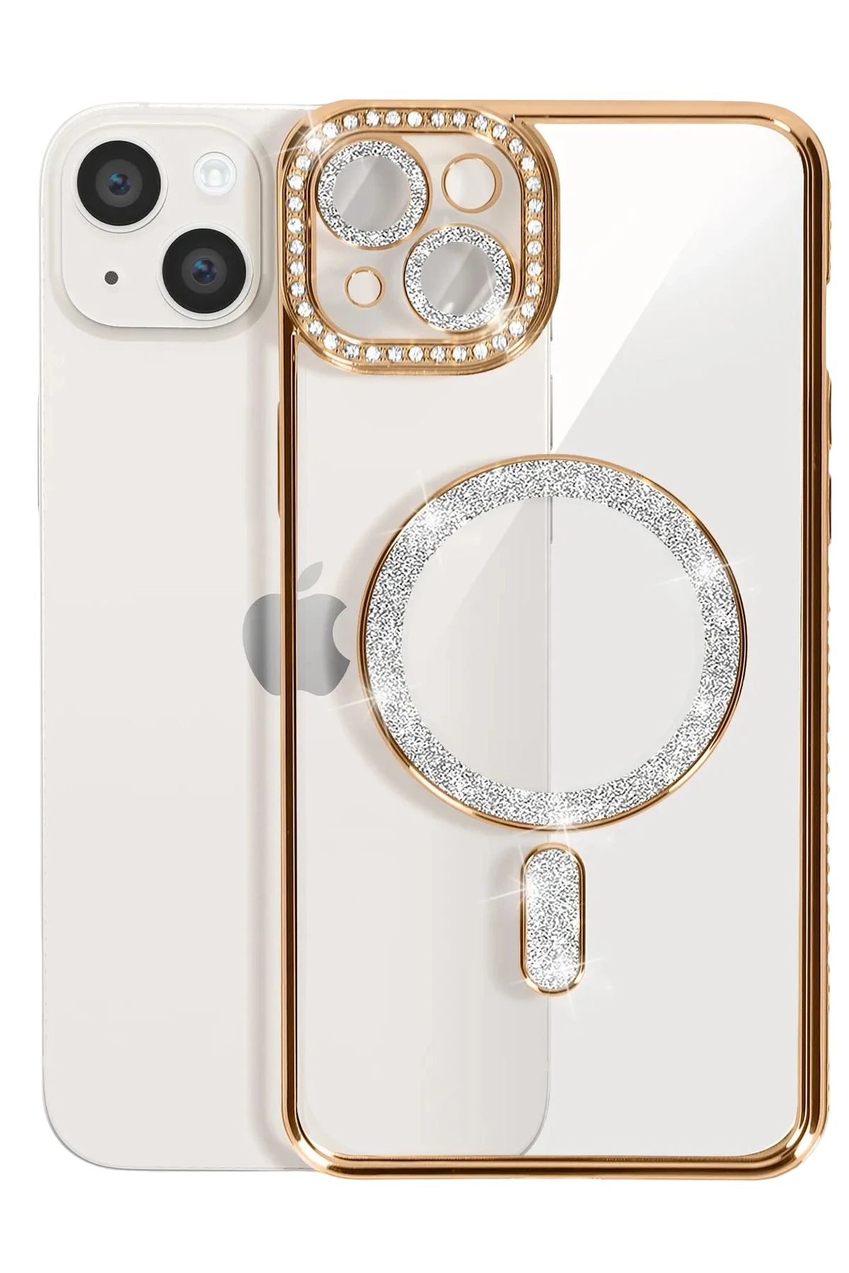 Newface iPhone 15 Kılıf Joke Simli Magneticsafe Kılıf - Gold