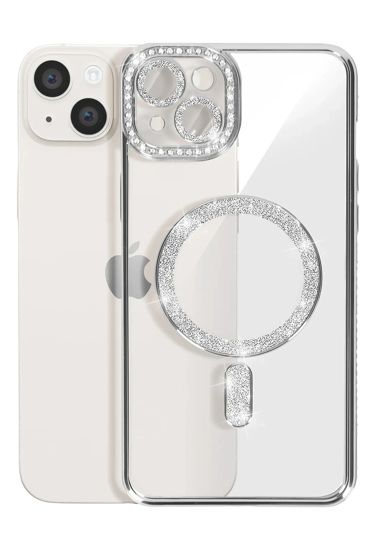 Newface iPhone 15 Kılıf Joke Simli Magneticsafe Kılıf - Gümüş