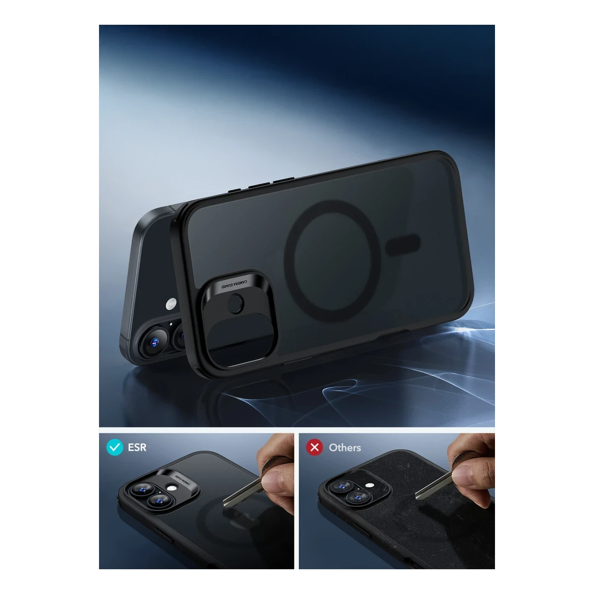 ESR Apple iPhone 16 Classic Hybrid Magsafe Kapak + Cam Hediyeli Set - Buzlu Siyah