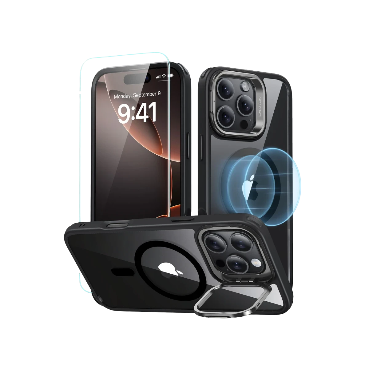 ESR Apple iPhone 16 Pro Max Classic Hybrid Magsafe Standlı Kapak + Cam Hediyeli Set - Siyah