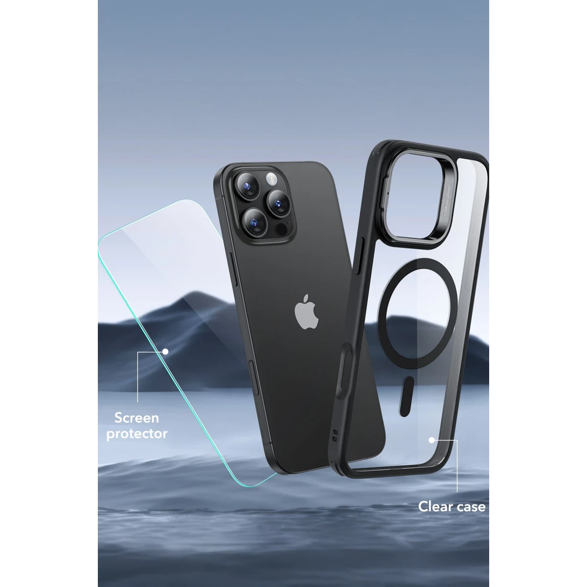 ESR Apple iPhone 16 Pro Max Classic Hybrid Magsafe Standlı Kapak + Cam Hediyeli Set - Siyah