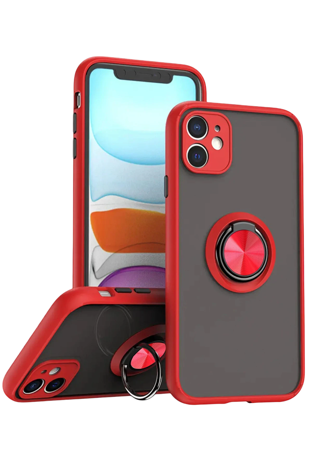 Newface iPhone 11 Kılıf Montreal Yüzüklü Silikon Kapak - Kırmızı