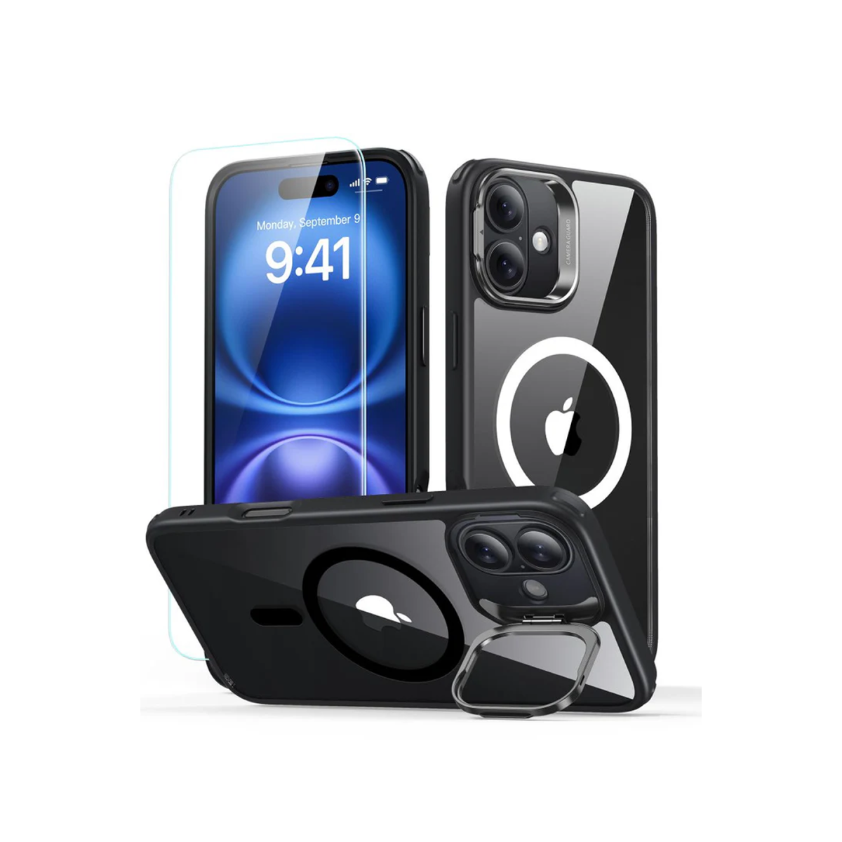 ESR Apple iPhone 16 Classic Hybrid Magsafe Standlı Kapak + Cam Hediyeli Set - Şeffaf Siyah