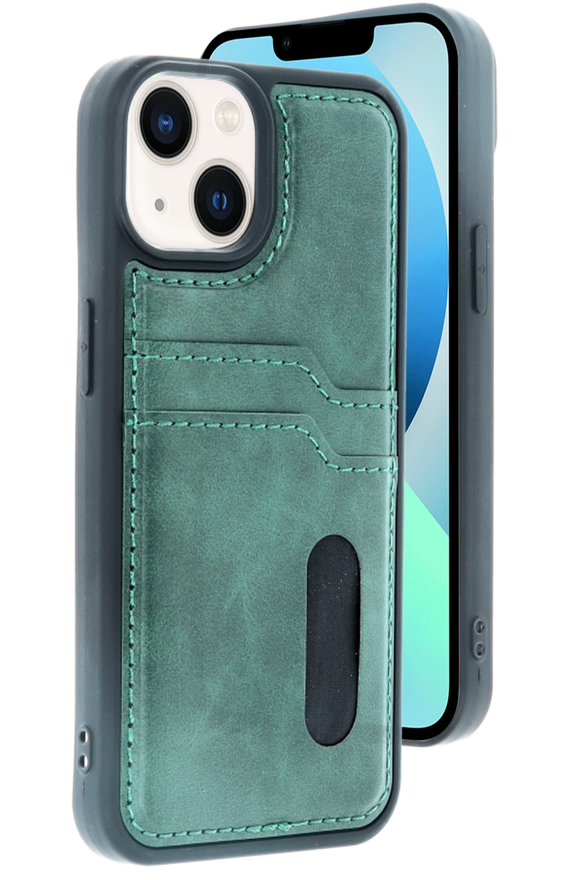 Newface Apple iPhone 15 Sara Kartvizitli Deri Kılıf - Yeşil