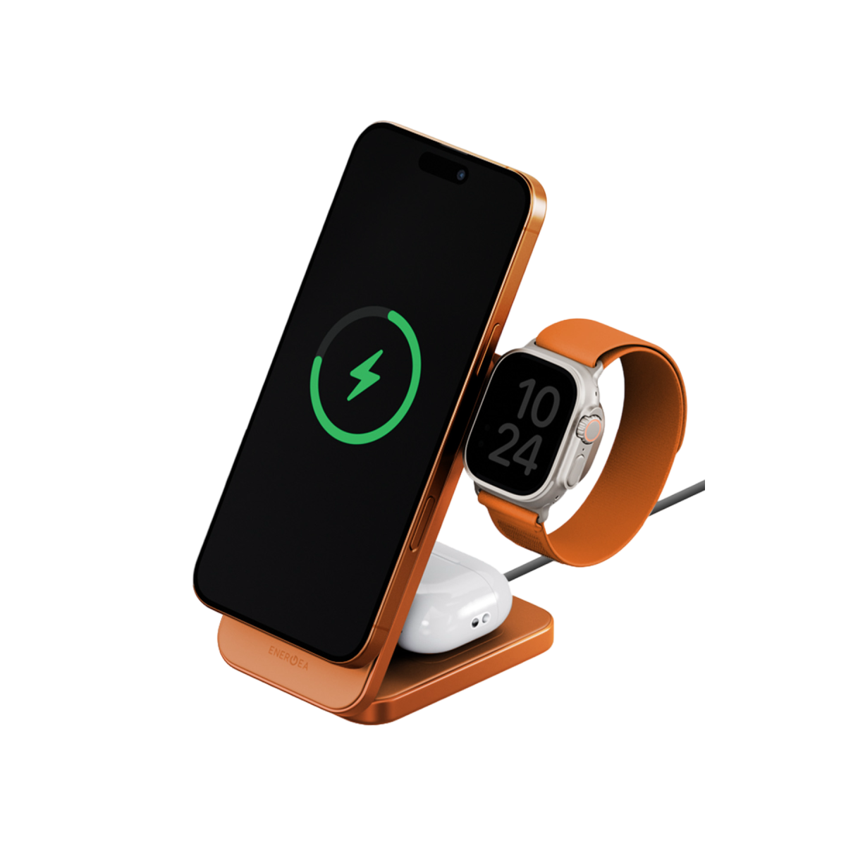 Energea MagTrio 2 3in1 Katlanabilir 25W Telefon Saat Airpods Masaüstü Hızlı Şarj Standı - Turuncu