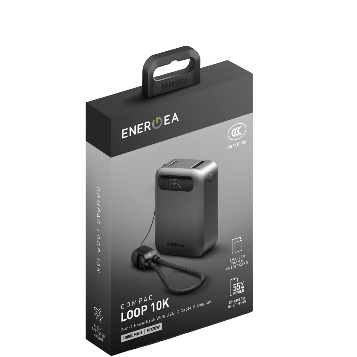 Energea ComPac Loop 10K 10000mAh 20W Type-C Askı Kablolu Powerbank - Siyah