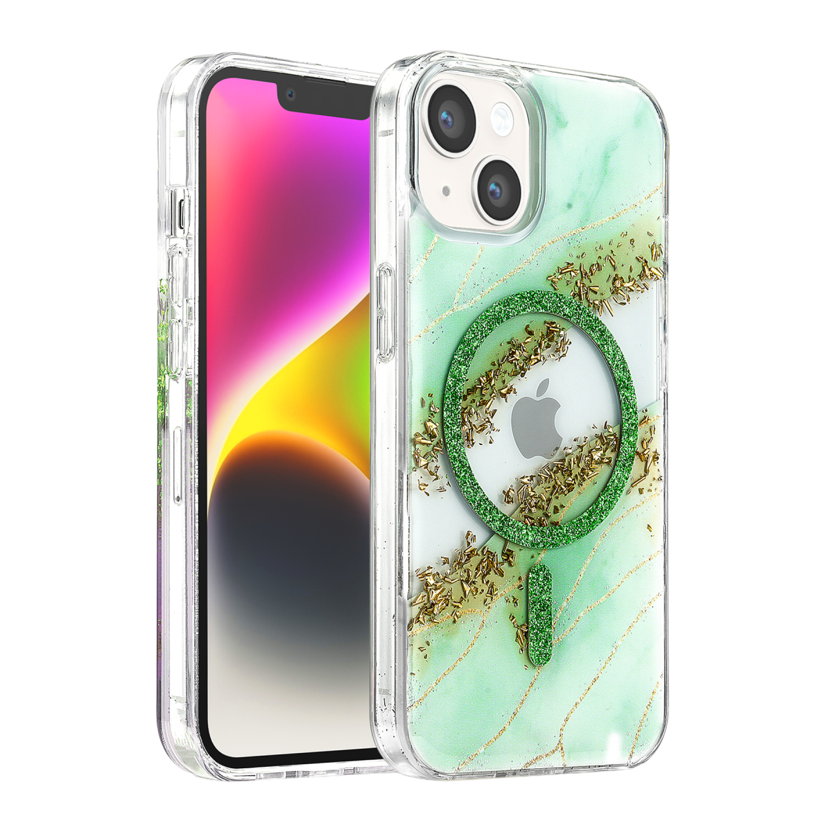 Onegif Apple iPhone 14 Lotus Simli Magsafe Kapak - Yeşil