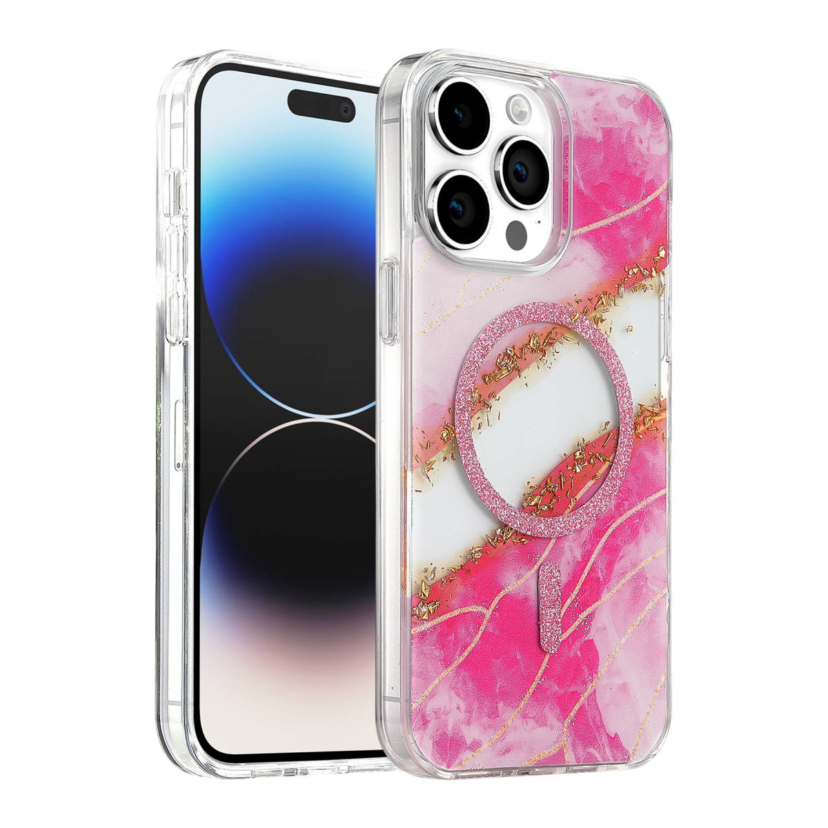 Onegif Apple iPhone 15 Pro Max Lotus Simli Magsafe Kapak - Pembe