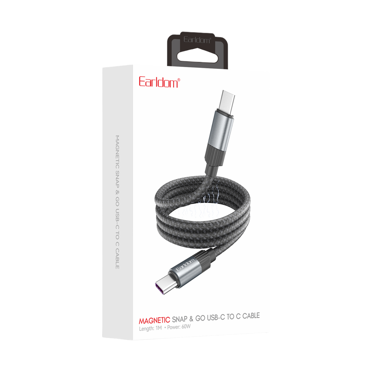 Earldom EC-207CC 1M 60W Type-C to Type-C Mıknatıslı PD Hızlı Şarj Kablosu - Siyah
