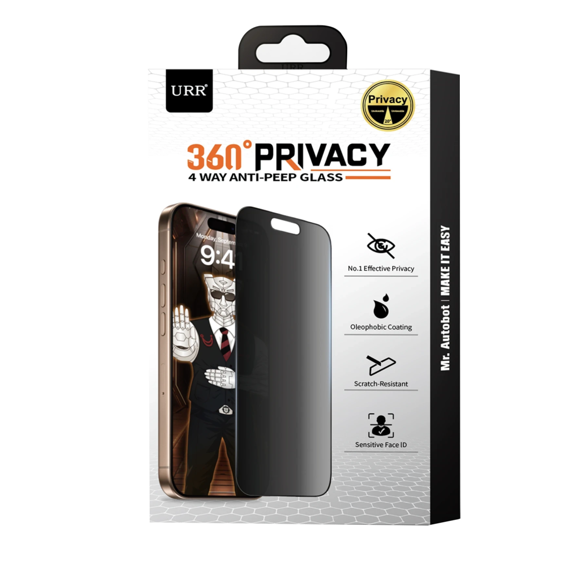 URR Apple iPhone 16 Pro Max 4 Way Anti Spy 360 Privacy Cam Ekran Koruyucu - Siyah