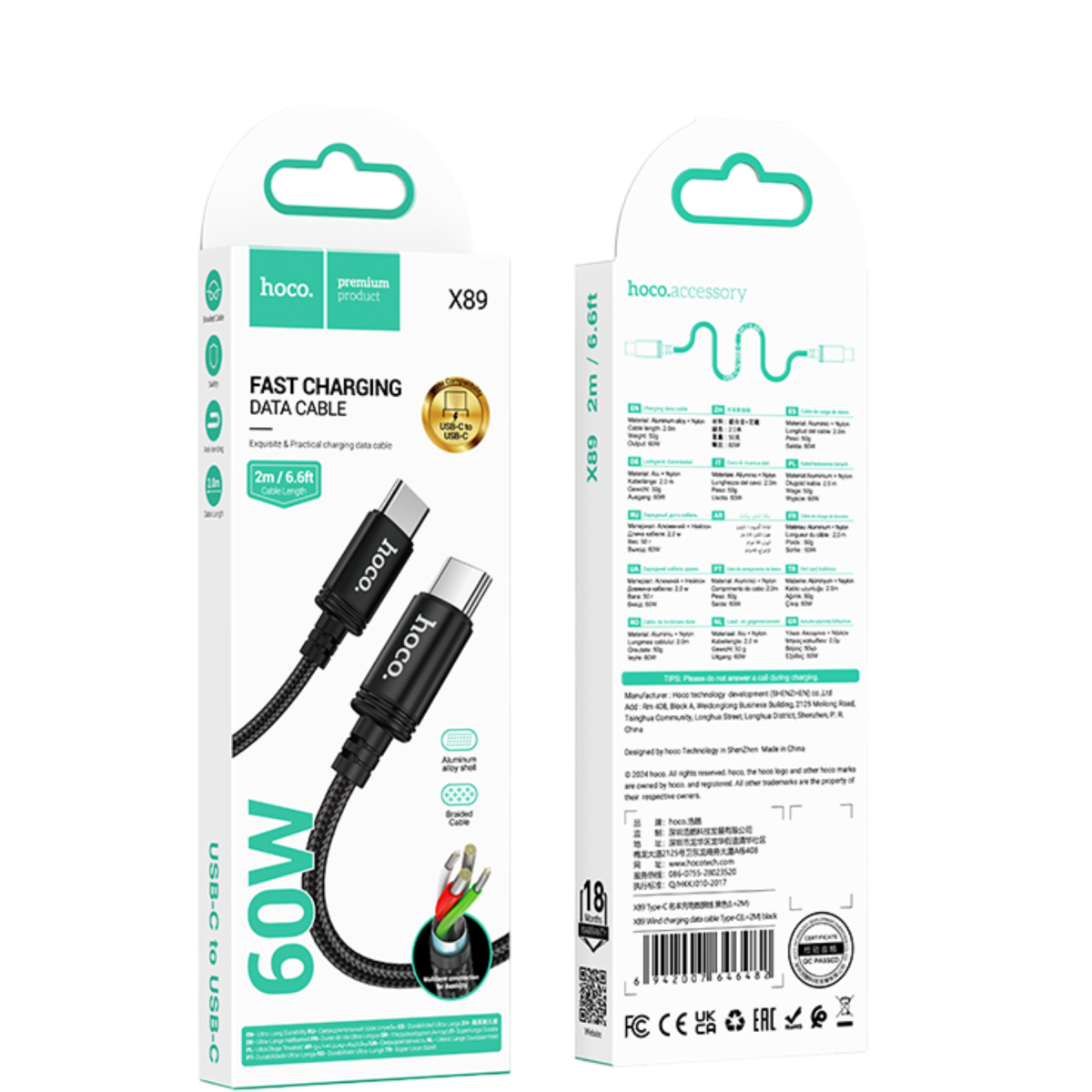 Hoco X89 Wind 2M 60W Type-C to Type-C Hızlı Şarj Data Kablosu - Siyah
