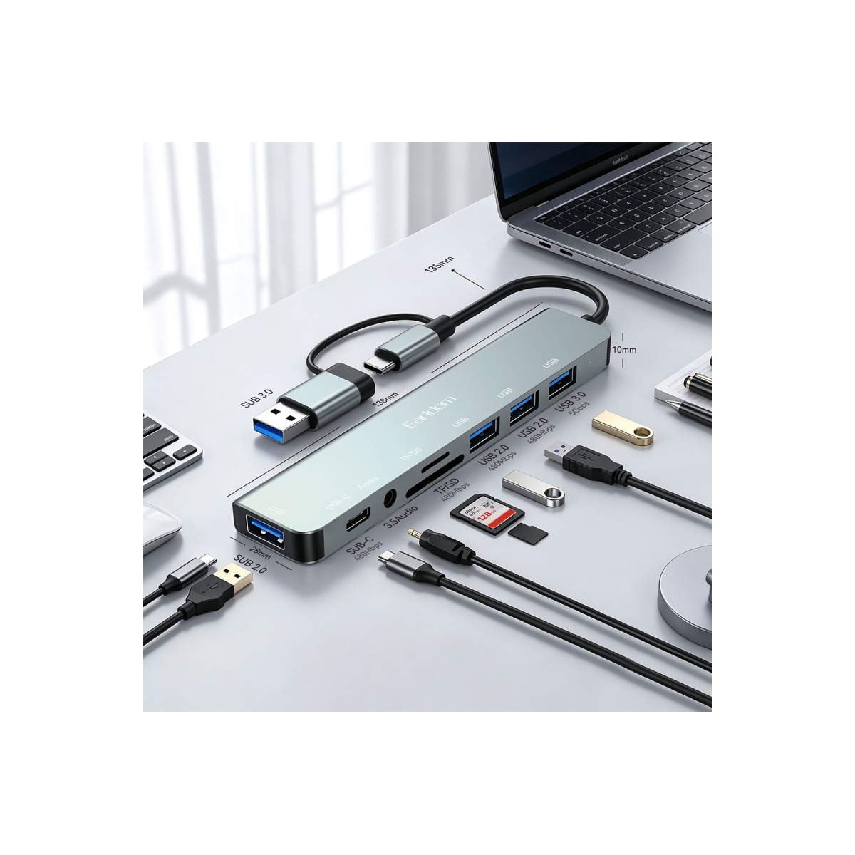 Earldom ET-W43 8in1 USB-C Hub Dönüştürücü - Gri